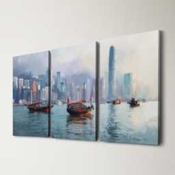 Hong Kong Harbour Skyline 3 Panel Split Canvas Wall Art Junk Boats Oil Painting Framed Home Decor Asian Travel Gift - thumbnail 1