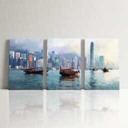 Hong Kong Harbour Skyline 3 Panel Split Canvas Wall Art Junk Boats Oil Painting Framed Home Decor Asian Travel Gift - thumbnail 3