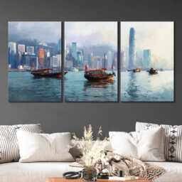 Hong Kong Harbour Skyline 3 Panel Split Canvas Wall Art Junk Boats Oil Painting Framed Home Decor Asian Travel Gift - thumbnail 2