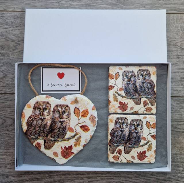 Decoupage Owl Slate Heart Wall Hanging With Coasters Autumn Decor - image 1