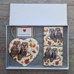 Decoupage Owl Slate Heart Wall Hanging With Coasters Autumn Decor