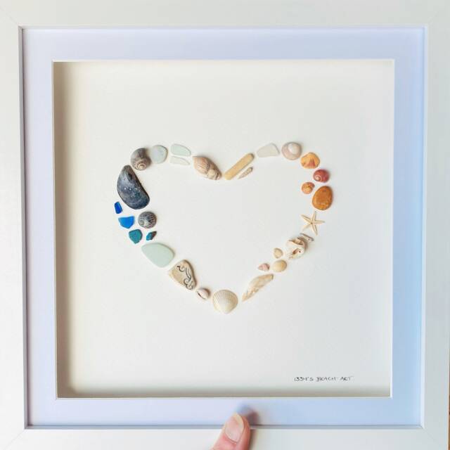 Sea Glass & Shell Heart Wreath Picture - Framed Coastal Wall Art Handmade in Cornwall - image 1