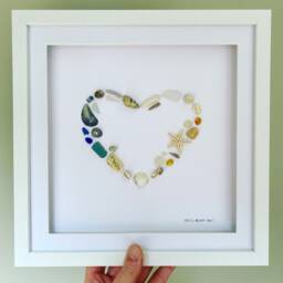 Sea Glass & Shell Heart Wreath Picture - Framed Coastal Wall Art Handmade in Cornwall - thumbnail 3