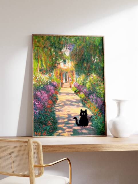Monet Artists Garden Cat Print, Claude Poster, Art, Gift, Animal Floral Wall Art Decor, A1/A2/A3/A4 - image 1