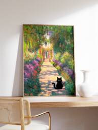 Monet Artists Garden Cat Print, Claude Poster, Art, Gift, Animal Floral Wall Art Decor, A1/A2/A3/A4 - thumbnail 1