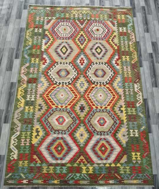 Handwoven Wool Kilim Rug, Artisan Tribal Geometric Green Flatweave, Afghan Turkish Persian Navajo Bohemian Design, 302x199 cm - image 1