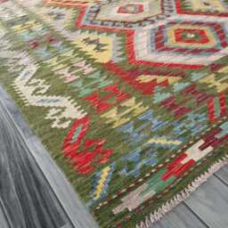 Handwoven Wool Kilim Rug, Artisan Tribal Geometric Green Flatweave, Afghan Turkish Persian Navajo Bohemian Design, 302x199 cm - thumbnail 4