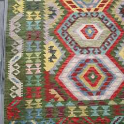 Handwoven Wool Kilim Rug, Artisan Tribal Geometric Green Flatweave, Afghan Turkish Persian Navajo Bohemian Design, 302x199 cm - thumbnail 2