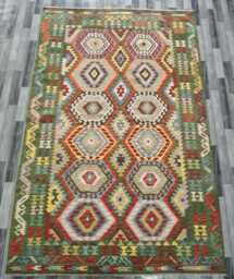 Handwoven Wool Kilim Rug, Artisan Tribal Geometric Green Flatweave, Afghan Turkish Persian Navajo Bohemian Design, 302x199 cm - thumbnail 1