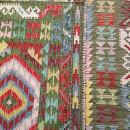 Handwoven Wool Kilim Rug, Artisan Tribal Geometric Green Flatweave, Afghan Turkish Persian Navajo Bohemian Design, 302x199 cm - thumbnail 3