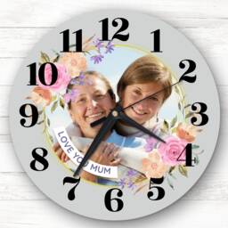 Grey Mum Pink Flower Wreath Photo Personalised Gift Clock