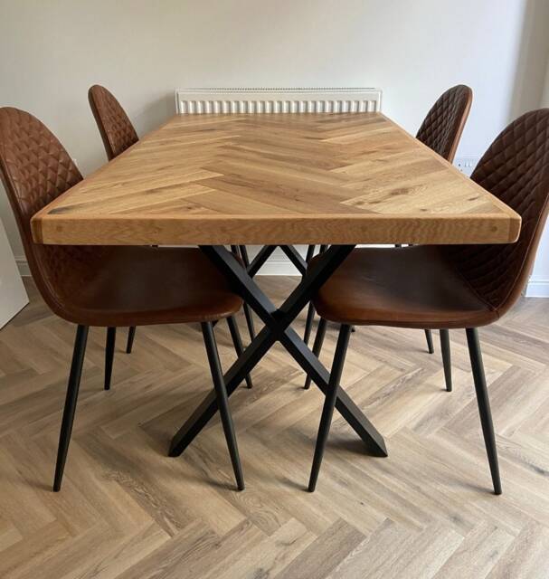 Oak Parquet Handmade Dining Table Or Desk & Industrial Style Legs Chevron Wooden - image 1