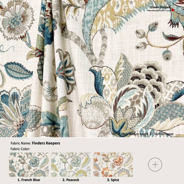 Finders Keepers 3 Colors French Blue Peacock Spice Jacobean Floral Flower Cotton Curtain Pleated, Lined Drapery Offered As Upgrades - image 1