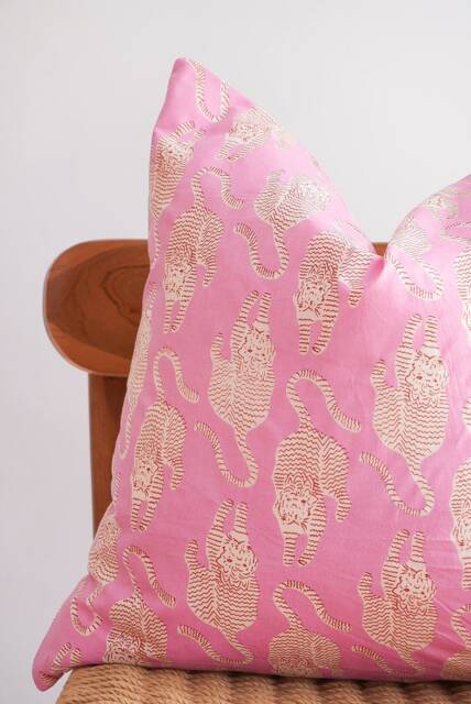 Block Print Pillow Cover Pink Tiger, Boho Farmhouse Decor - image 1