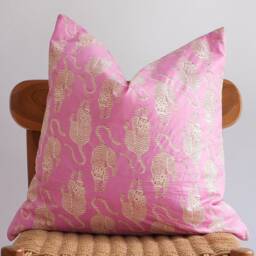 Block Print Pillow Cover Pink Tiger, Boho Farmhouse Decor - thumbnail 2