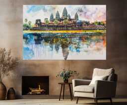 Ancient Khmer Temple Canvas Print, Architecture, Angkor Wat Painting, Framed & Ready To Hang - thumbnail 1