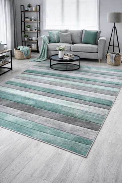 New Small Large Duck Egg Light Blue Silver Grey Wave Design Area Rugs Mats - image 1