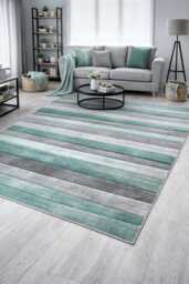 New Small Large Duck Egg Light Blue Silver Grey Wave Design Area Rugs Mats - thumbnail 1