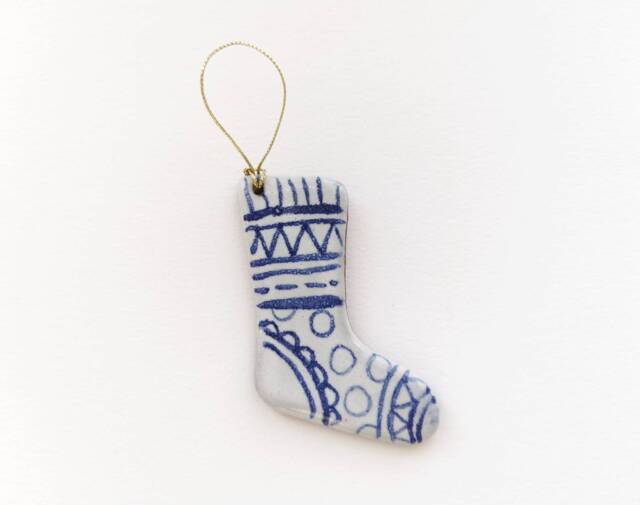 Blue & White Christmas Decoration Handmade Ceramic Stocking Rustic Simple Pottery Tree Ornament - image 1