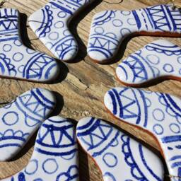 Blue & White Christmas Decoration Handmade Ceramic Stocking Rustic Simple Pottery Tree Ornament - thumbnail 3