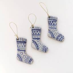 Blue & White Christmas Decoration Handmade Ceramic Stocking Rustic Simple Pottery Tree Ornament - thumbnail 2
