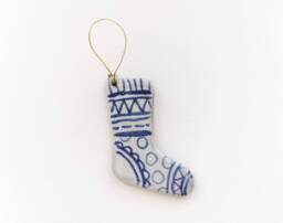 Blue & White Christmas Decoration Handmade Ceramic Stocking Rustic Simple Pottery Tree Ornament - thumbnail 1