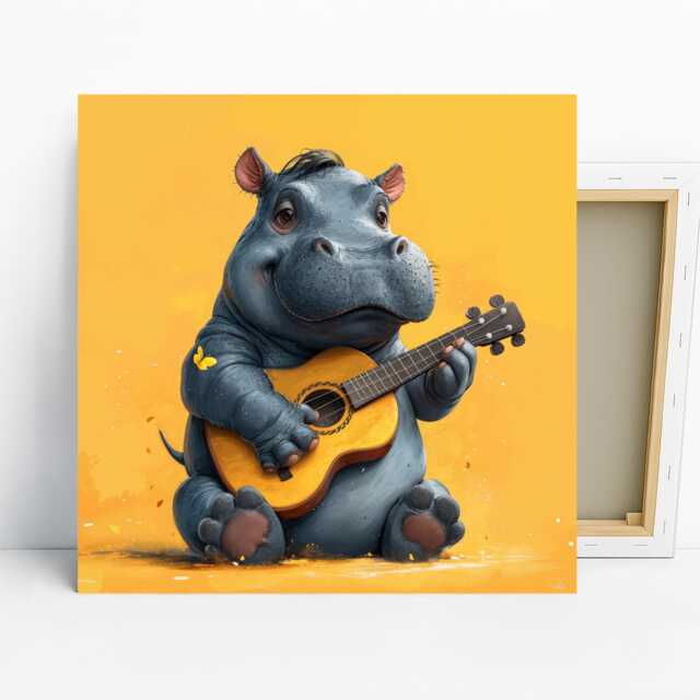 Hippopotamus Art, Canvas Or Poster, Whimsical Bohemian Decor, Living Room Childrens Bedroom Nursery Wall Yellow Blue Grey & White - image 1