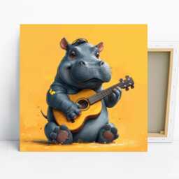 Hippopotamus Art, Canvas Or Poster, Whimsical Bohemian Decor, Living Room Childrens Bedroom Nursery Wall Yellow Blue Grey & White - thumbnail 1