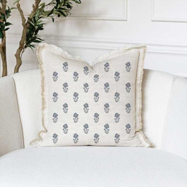 Hand Block Floral Fringe Pillow Cover - Print, Neutral, Modern Farmhouse Style - Grace - image 1