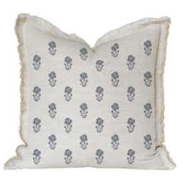 Hand Block Floral Fringe Pillow Cover - Print, Neutral, Modern Farmhouse Style - Grace - thumbnail 3