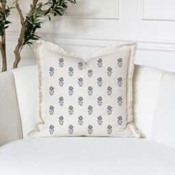 Hand Block Floral Fringe Pillow Cover - Print, Neutral, Modern Farmhouse Style - Grace - thumbnail 1