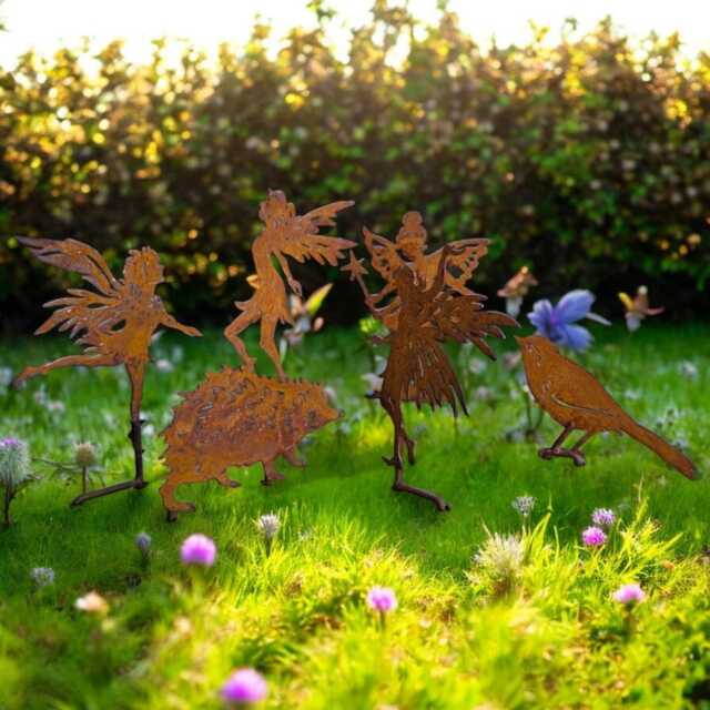 Garden Silhouette Miniture Fairy's Fairy Spikes Animal Features Set Of 6 Real Rusty Metal - image 1