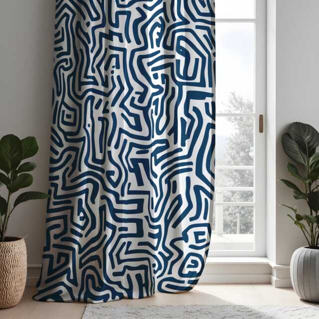 Modern Abstract Maze Eyelet Curtains, Navy Blue & White Geometric Pattern Drapes, Minimalist Window Treatment, Custom Length Panel Curtains - image 1