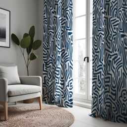 Modern Abstract Maze Eyelet Curtains, Navy Blue & White Geometric Pattern Drapes, Minimalist Window Treatment, Custom Length Panel Curtains - thumbnail 3