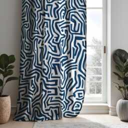 Modern Abstract Maze Eyelet Curtains, Navy Blue & White Geometric Pattern Drapes, Minimalist Window Treatment, Custom Length Panel Curtains