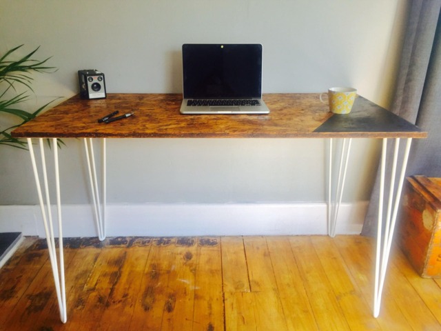 Osb Industrial Desk With White Steel Hairpin Legs & Chalk Board Zone - image 1