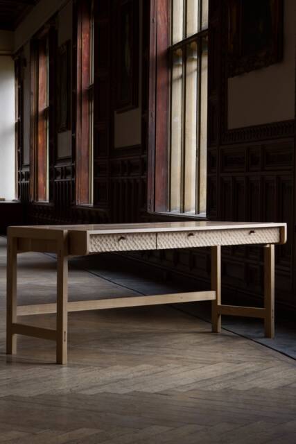 Konk ??? T??lja Desk [Oak] Bespoke Sizes Available Three Drawers With Carved Fronts, Minimal Solid Wood Table - image 1
