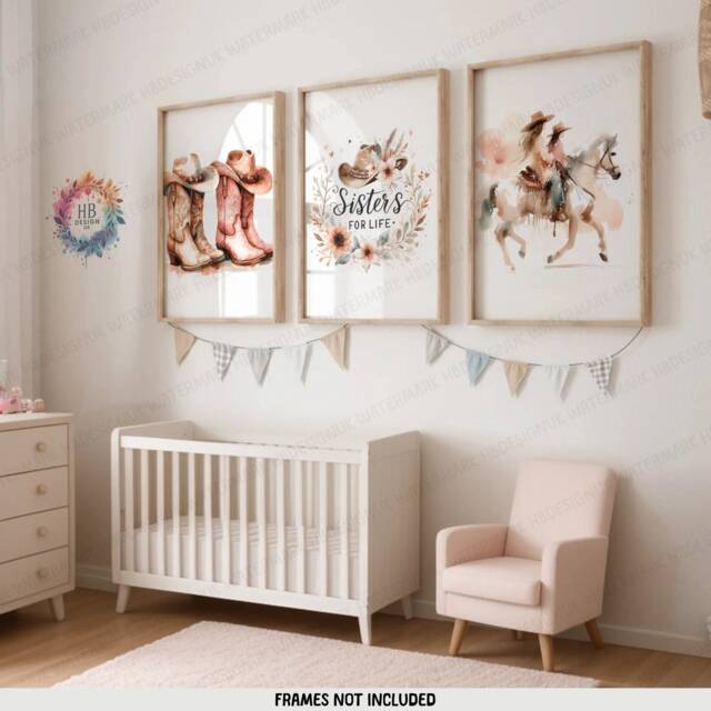 Watercolour Western Nursery Prints - Set Of 3 Posters - Sister Girl Room Wall Art Boho Country Cow Gift Kids Girls Bedroom Decor - image 1