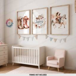Watercolour Western Nursery Prints - Set Of 3 Posters - Sister Girl Room Wall Art Boho Country Cow Gift Kids Girls Bedroom Decor - thumbnail 1