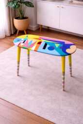 Handmade Oval Resin Side Table, Memphis Style Abstract Art
