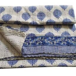 Indian Bedding Bedcover Leaf Print Beautiful Kantha Bedspread Blanket Coverlet Perfect Bed Matching - thumbnail 3