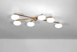 1950's Mid Century Modern Sputnik Chandelier Italian Brass Angelo Lelli Style Opal Light - thumbnail 1