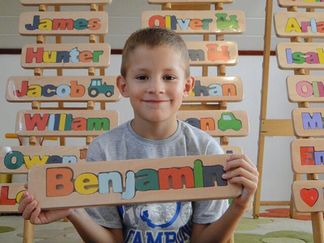 Personalized Name Puzzle, Custom Wooden Letter Gift, Newborn Free Engraving Message, Benjamin - image 1