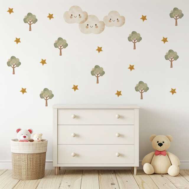 Woodland Tree Wall Decals Nursery Stickers Neutral Decor Cloud Forest Peel & Stick Kids - image 1