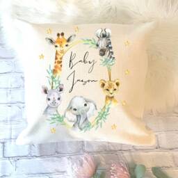 Personalised New Baby Cushion, Nursery Gift For Baby, Jungle Safari Cushion - thumbnail 1