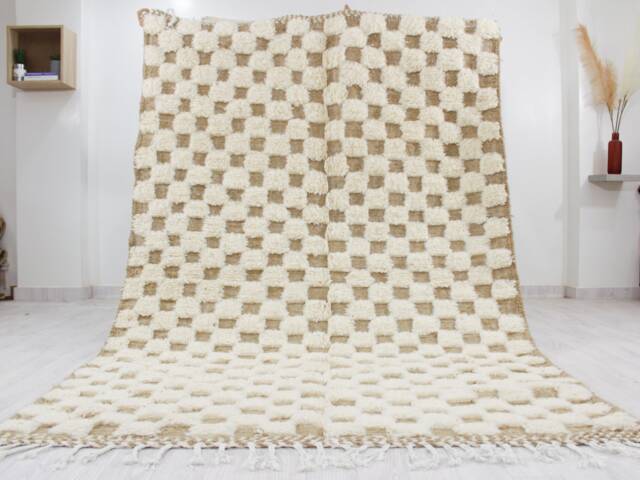 White & Brown Checkered Beni Ourain Rug, Checkerboard Handmade Custom Size Moroccan Genuine Lamb Wool - image 1