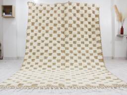 White & Brown Checkered Beni Ourain Rug, Checkerboard Handmade Custom Size Moroccan Genuine Lamb Wool - thumbnail 1