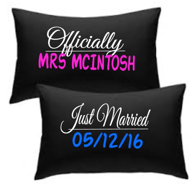 Officially Mrs - Your Name Just Married Wedding Date Print Pillowcase Set Black