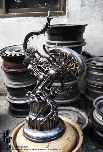 Recycled Metal Crouching Monster On Pillar/Recycle Sustainable Sculpture Art - image 1
