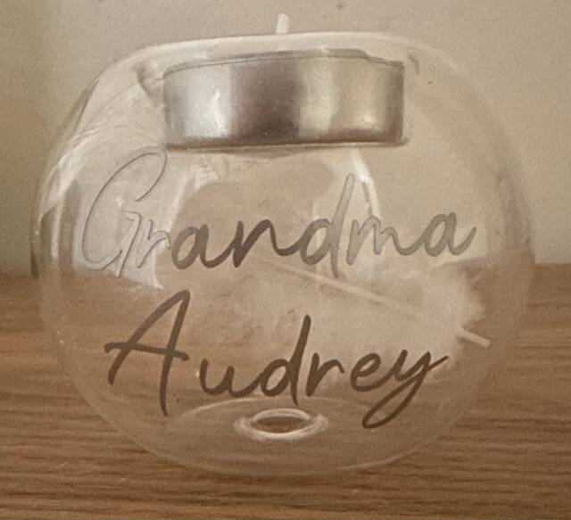 Clear Glass Tea Light Holder Memorial Personalised With Feather - Rememberance Commemorative Candle - image 1